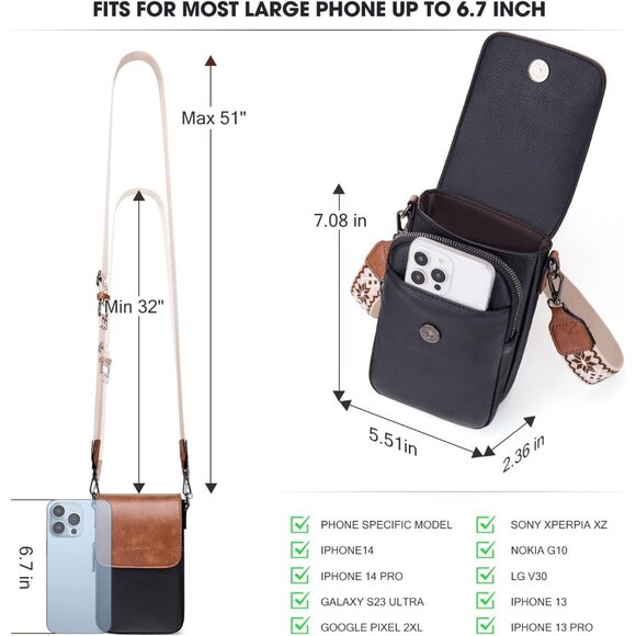 Womens A-black Brown Leather Purses Imported Magnetic Snap Crossbody Zipper Bag - Picture 5 of 6